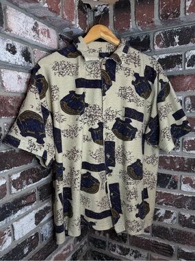 Vintage Hawaiian Islands Crest Abstract Textured Woven Jacquard Button Up Shirt